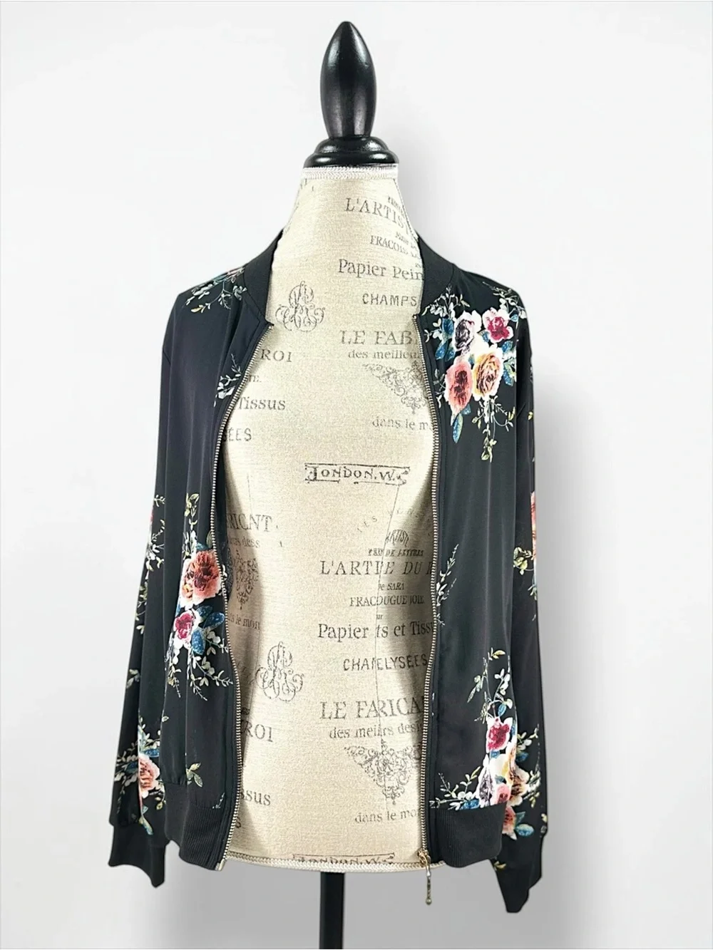 Black Floral Bomber Jacket Semi Sheer Lightweight Zip Up Coat - Picture 8 of 13